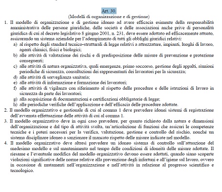 Articolo 30 Testo unico sicurezza sul lavoro